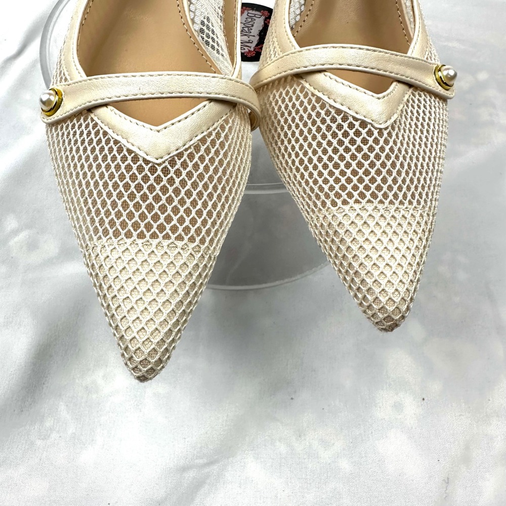 Nicole Miller New York Pearl Mesh Slingback Pump Womens 8 Cream Pointed Toe Heel - Picture 8 of 14
